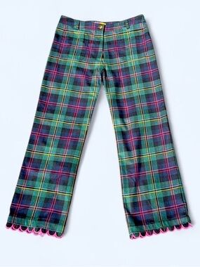 Vilagallo Green Plaid Trouser Pants with Pink Scalloped Trim